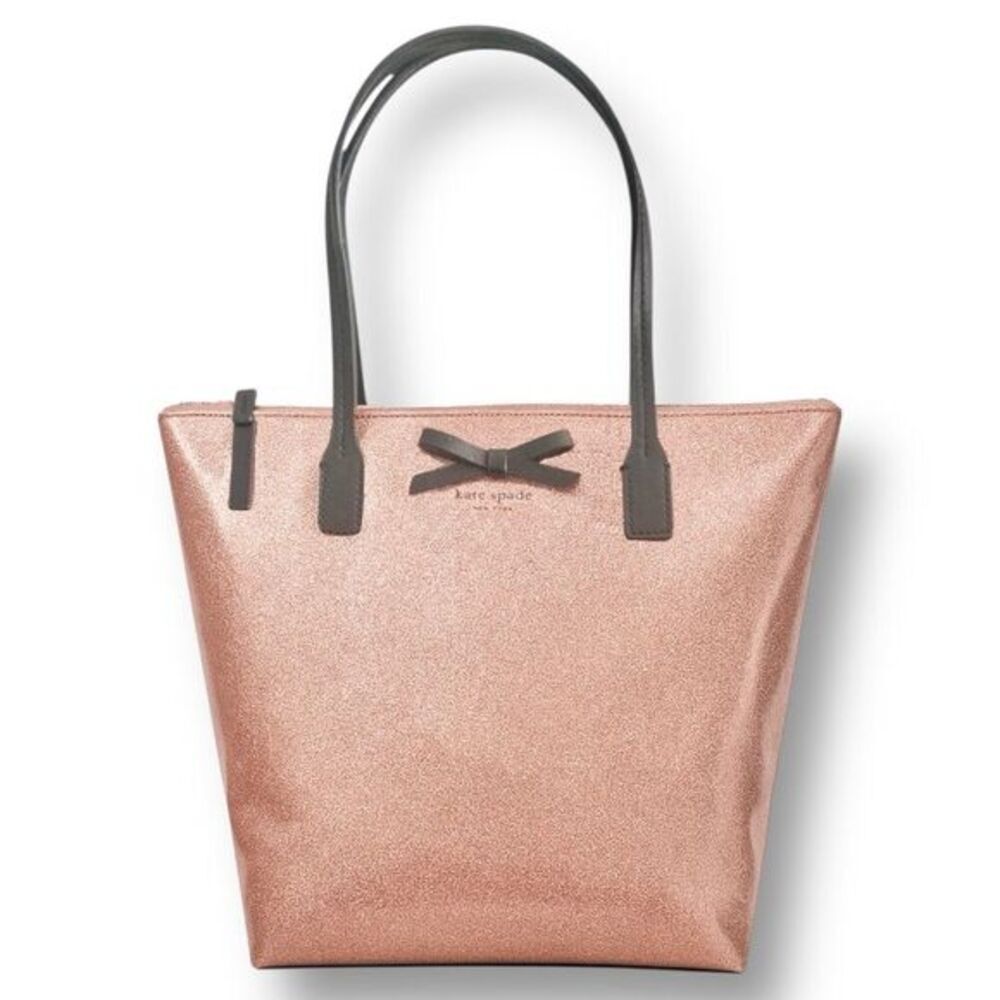 Kate Spade Rose Gold Glitter Small Tote Bag Sparkle‎ Brown Bow Holiday Party